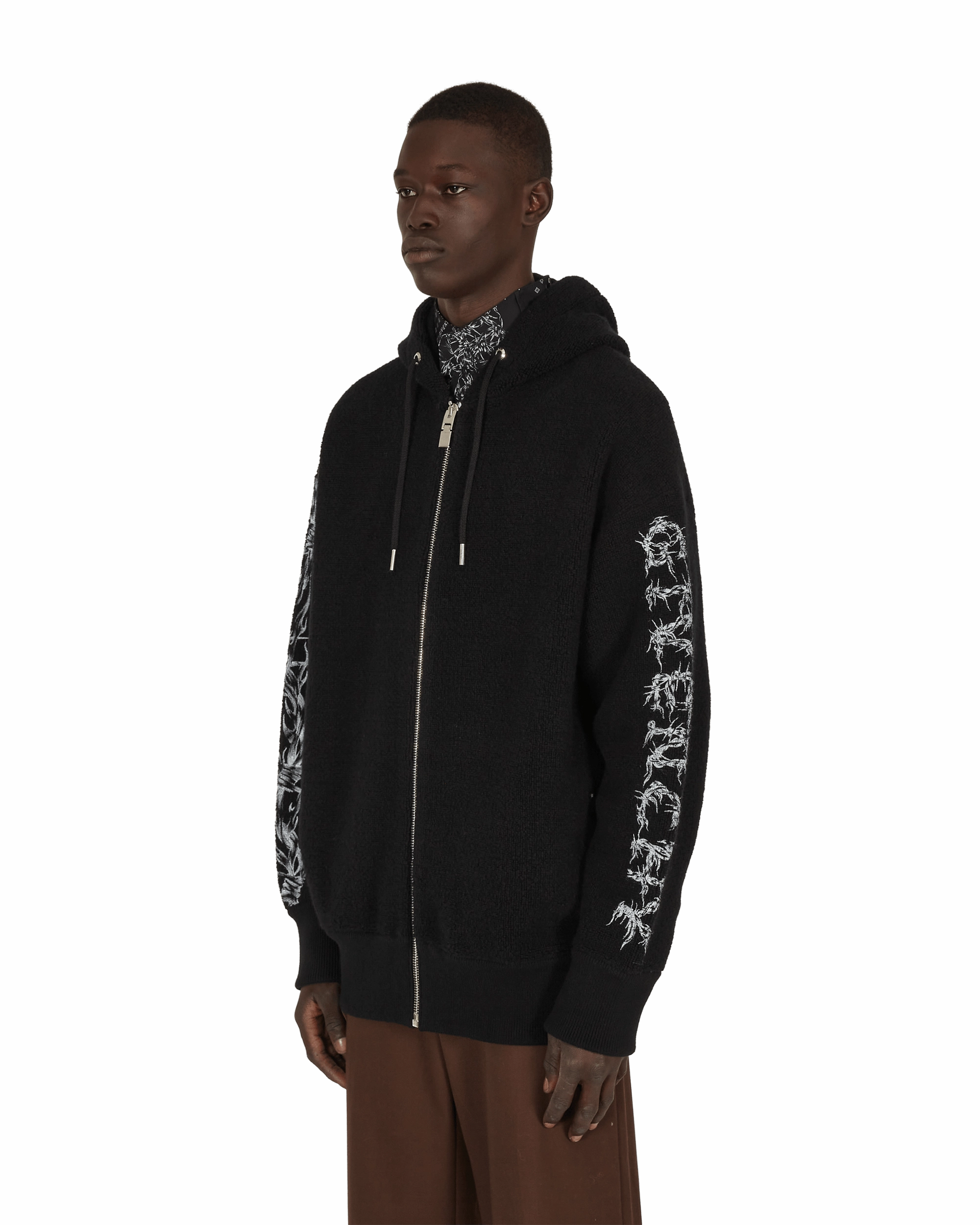 Barbed Wire Printed Hooded Zip Sweater Black