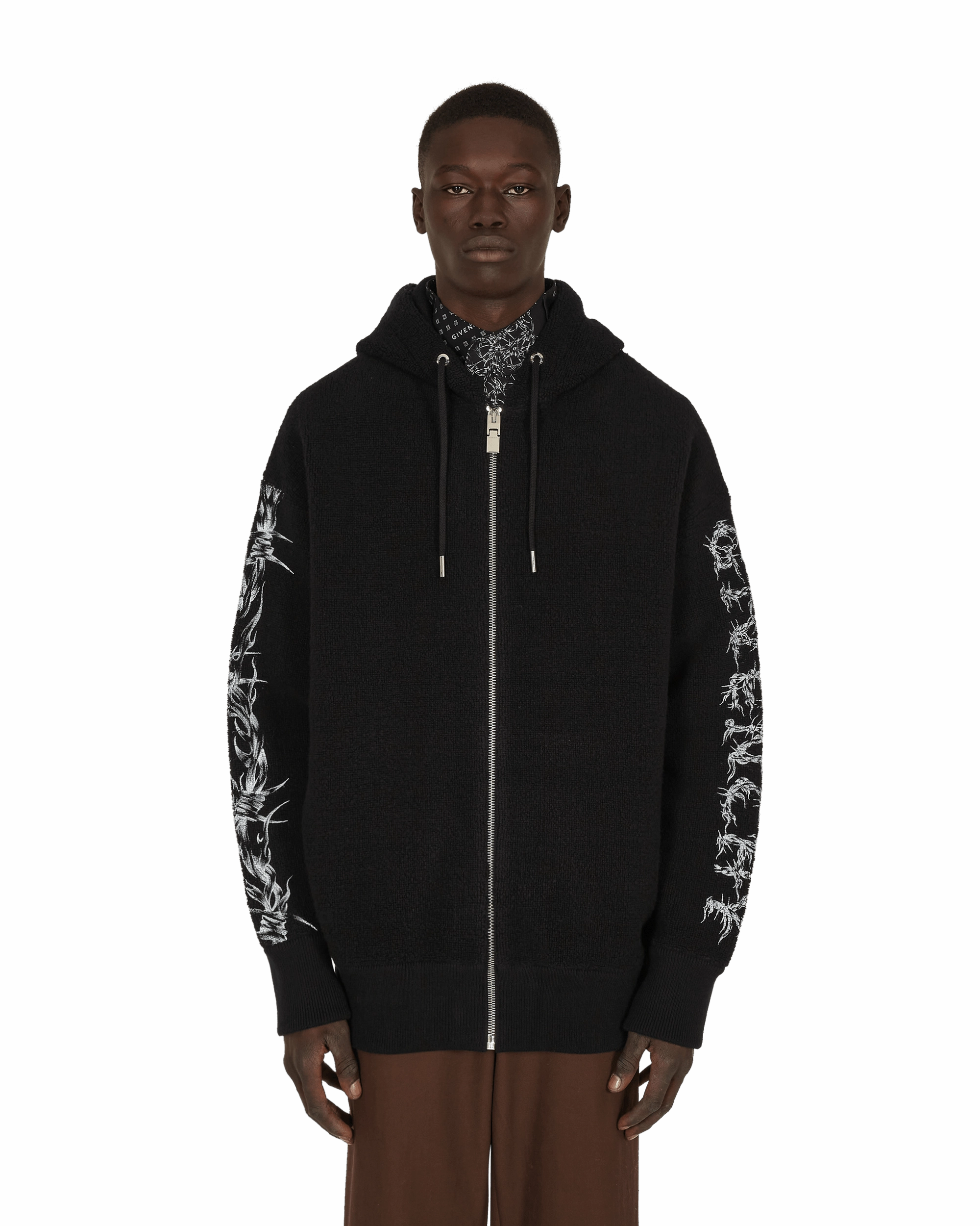 Barbed Wire Printed Hooded Zip Sweater Black
