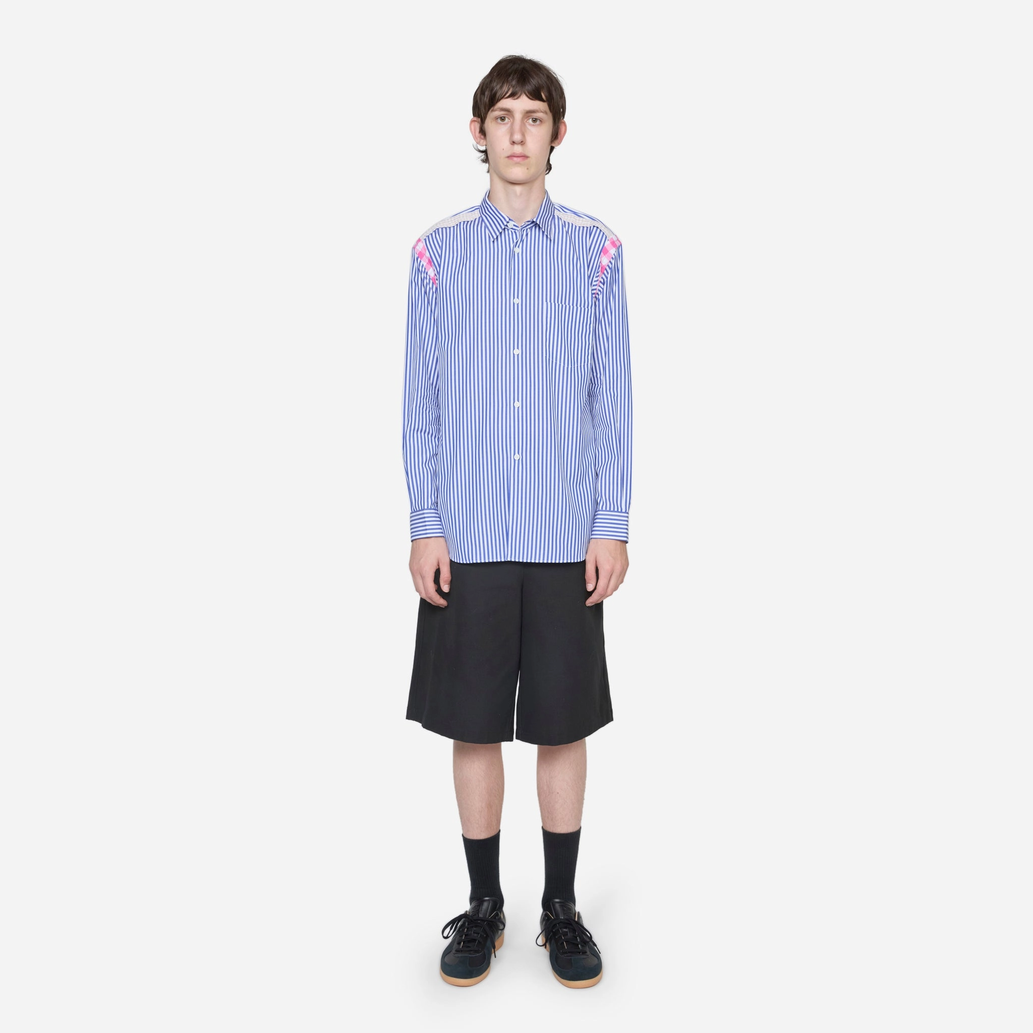 Striped Gingham Trim Shirt Blue